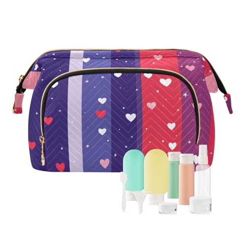 Foiosoh Kulturbeutel mit Reißverschluss, Kulturbeutel, Kosmetiktasche für Geldbörse, Kulturbeutel, Reise-Set, Violettes Herz und Streifen, 1 size, Cartoon von Foiosoh