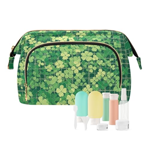 Foiosoh Make-up-Tasche mit Reißverschluss, Reise-Kulturbeutel, Kosmetiktasche für Geldbörse, für Karten, Schlüssel, Violett und Gelb, Glücksklee tiefgrün, 1 size, Cartoon von Foiosoh