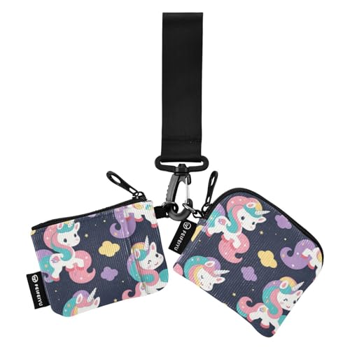 Foiosoh Unicorns and Clouds Damen Münztaschen Kartenhalter Mini Mode Damen Geld Organizer mit Handgelenkschlaufe für Damen Mädchen 2 Stück, Einhörner und Wolken blau, 1 size, Modern von Foiosoh
