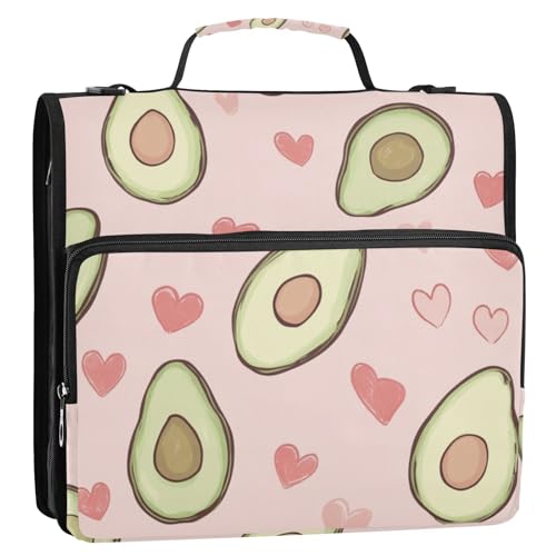 Süßes Avocado-Herz Pfirsich 3 Ringe Schule Reißverschluss Ordner mit Schultergurt und Griff, mehrere Taschen, Schulbedarf-Organizer für Schule/Büro von Foiosoh