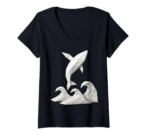 Damen Origami-Wal-Papier-Skulptur-Design T-Shirt mit V-Ausschnitt Damen Origami-Wal-Papier-Skulptur-Design T-Shirt mit V-Ausschnitt von Folded Seas