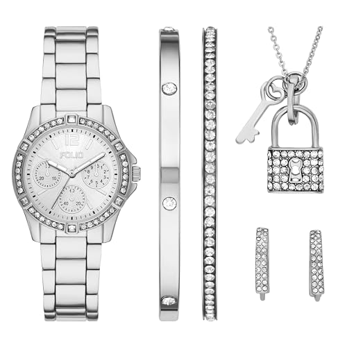 Folio Damen-Armbanduhr mit veganem Lederband, Silbernes Armband/Halskette/Ohrring-Set, Modern von Folio