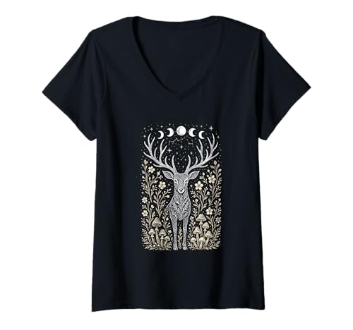 Damen Mystische Hirsch Volkskunst Mondphase Natur Wald Boho T-Shirt mit V-Ausschnitt Damen Mystische Hirsch Volkskunst Mondphase Natur Wald Boho T-Shirt mit V-Ausschnitt von Folk Art Nature Wildlife Moon Phase Apparel