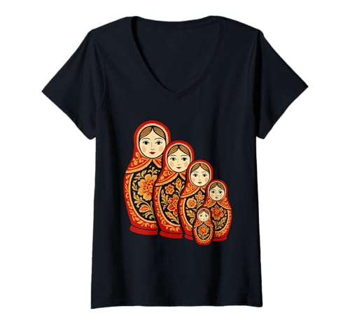Damen Matroschka Puppe Kunst Russisch Nesting Holz Stapelset T-Shirt mit V-Ausschnitt von Folk Art Nesting Doll Set Russian Style Charm