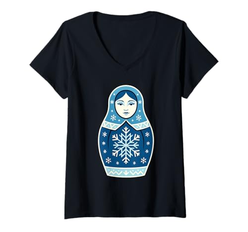 Damen Matroschka Puppe Kunst Russisch Nesting Holz Stapelset T-Shirt mit V-Ausschnitt von Folk Art Nesting Doll Set Russian Style Charm
