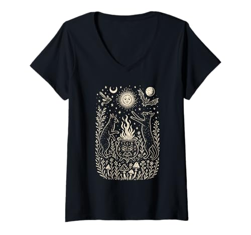 Damen Mystische Katzen & Gefäß, Retro Volkskunst, Natur T-Shirt mit V-Ausschnitt Damen Mystische Katzen & Gefäß, Retro Volkskunst, Natur T-Shirt mit V-Ausschnitt von Folk Art Retro Mystical Cats & Nature Merch