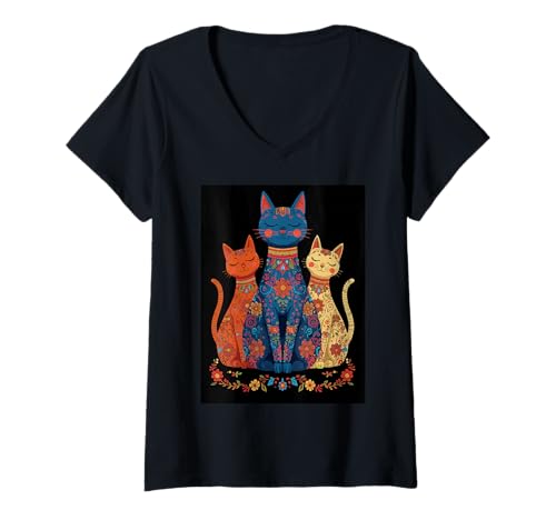 Damen Bohemian Cat Family Folk Floral Trio Peace T-Shirt mit V-Ausschnitt Damen Bohemian Cat Family Folk Floral Trio Peace T-Shirt mit V-Ausschnitt von Folk Cats Whimsical Animal Medallion Peaceful