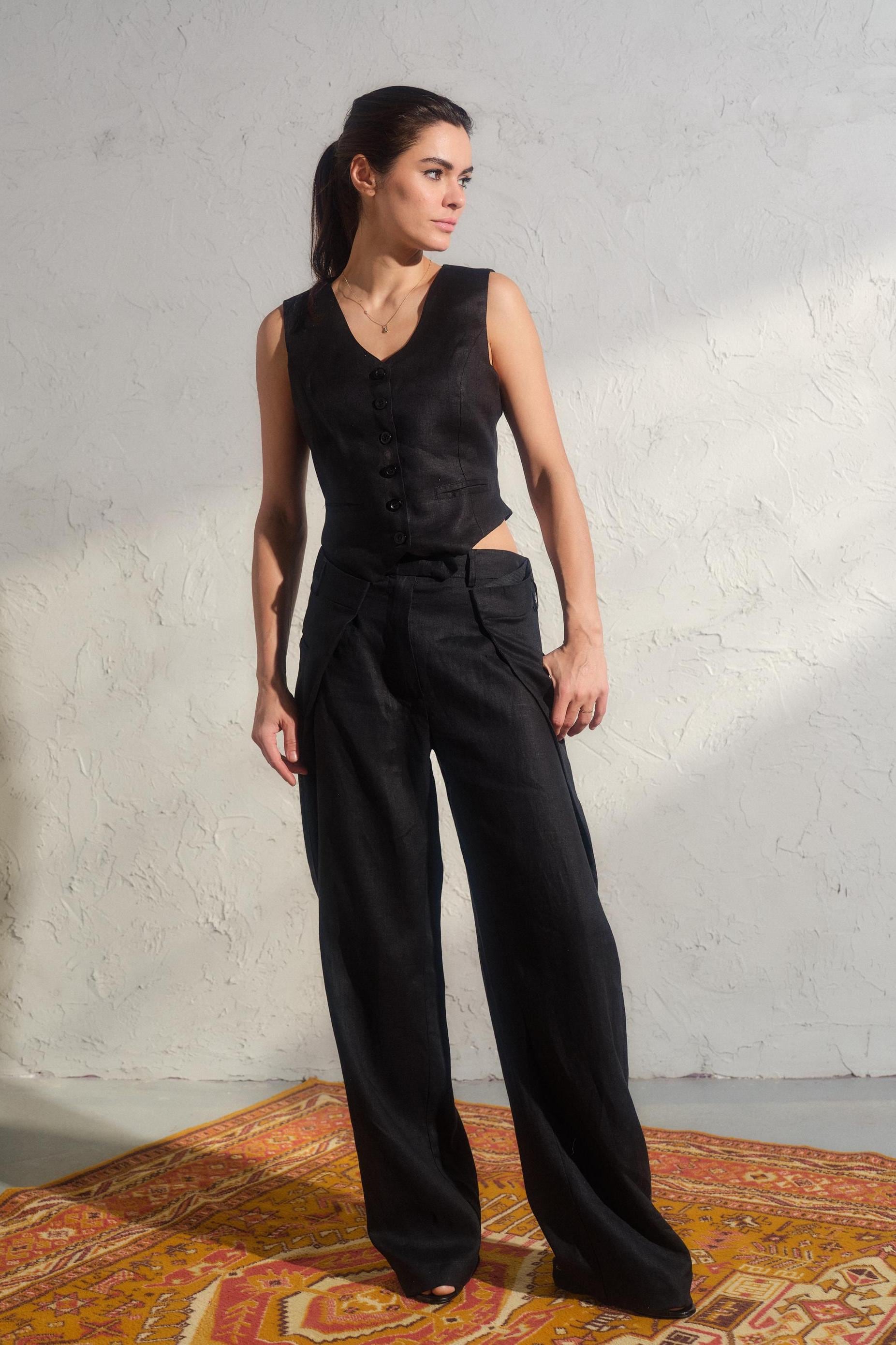 Avantgarde Weites Bein Leinenhose Frauen, Schwarze Sommer Leinenhose, Bio Leinenkleidung, Plus Größen Vorhanden, Palazzo Hose Frauen von FollowMeFS