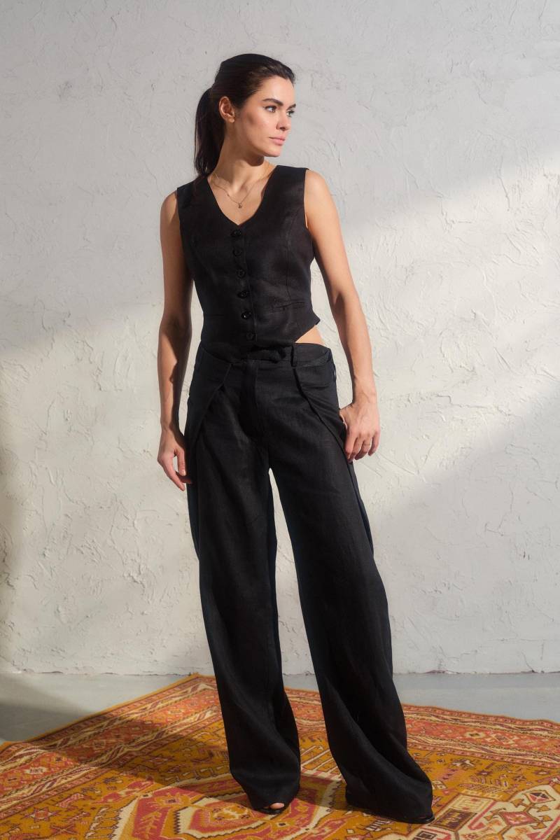 Avantgarde Weites Bein Leinenhose Frauen, Schwarze Sommer Leinenhose, Bio Leinenkleidung, Plus Größen Vorhanden, Palazzo Hose Frauen von FollowMeFS