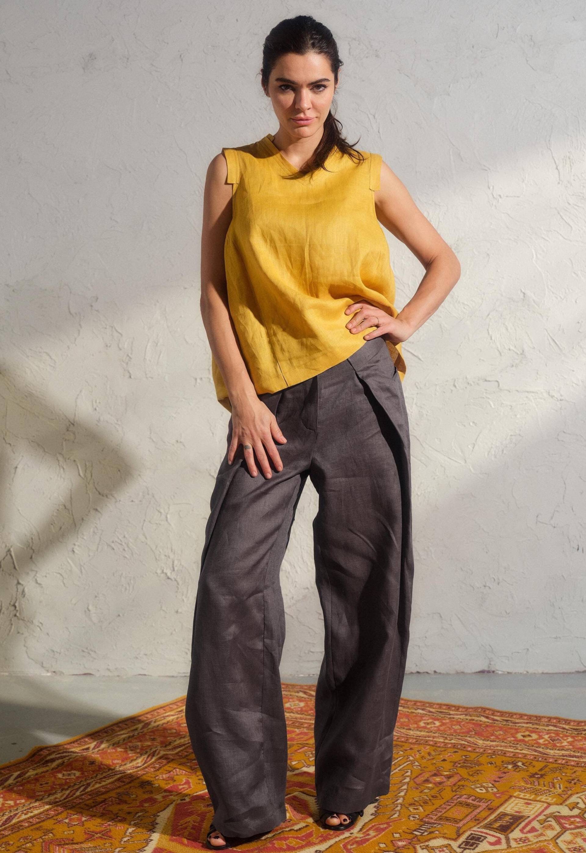 Dunkelgraue Leinenhose Mit Weitem Bein Für Damen, Wickelhose Bein, Avantgarde Hose, Bio Leinen Kleidung, Große Größen, Palazzo Hose Damen von FollowMeFS