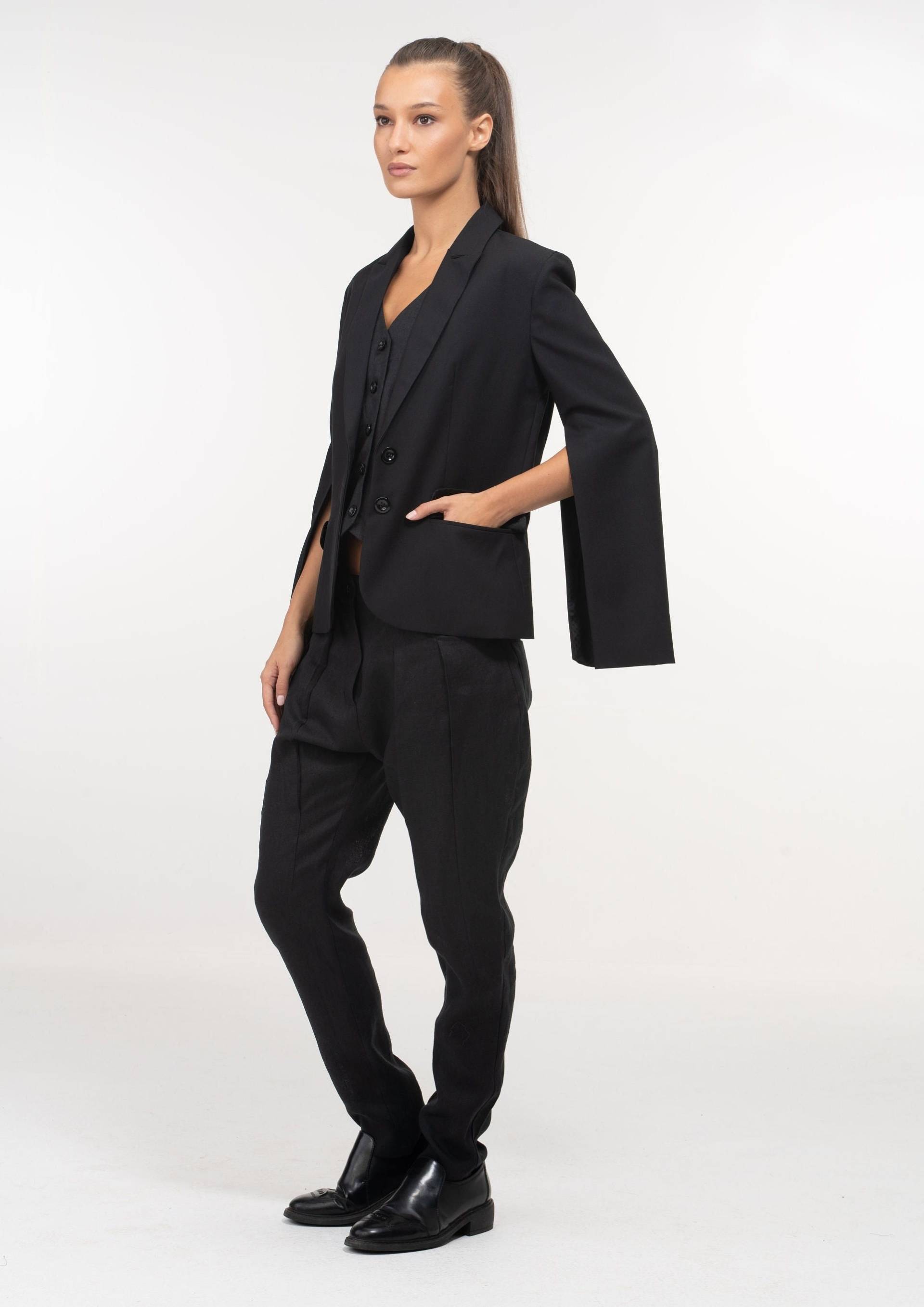 Geschlitzte Ärmel Wollblazer Damen, Taillierte Anzugjacke Frauen Mit Trendigen Schlitz-Ärmeln von FollowMeFS