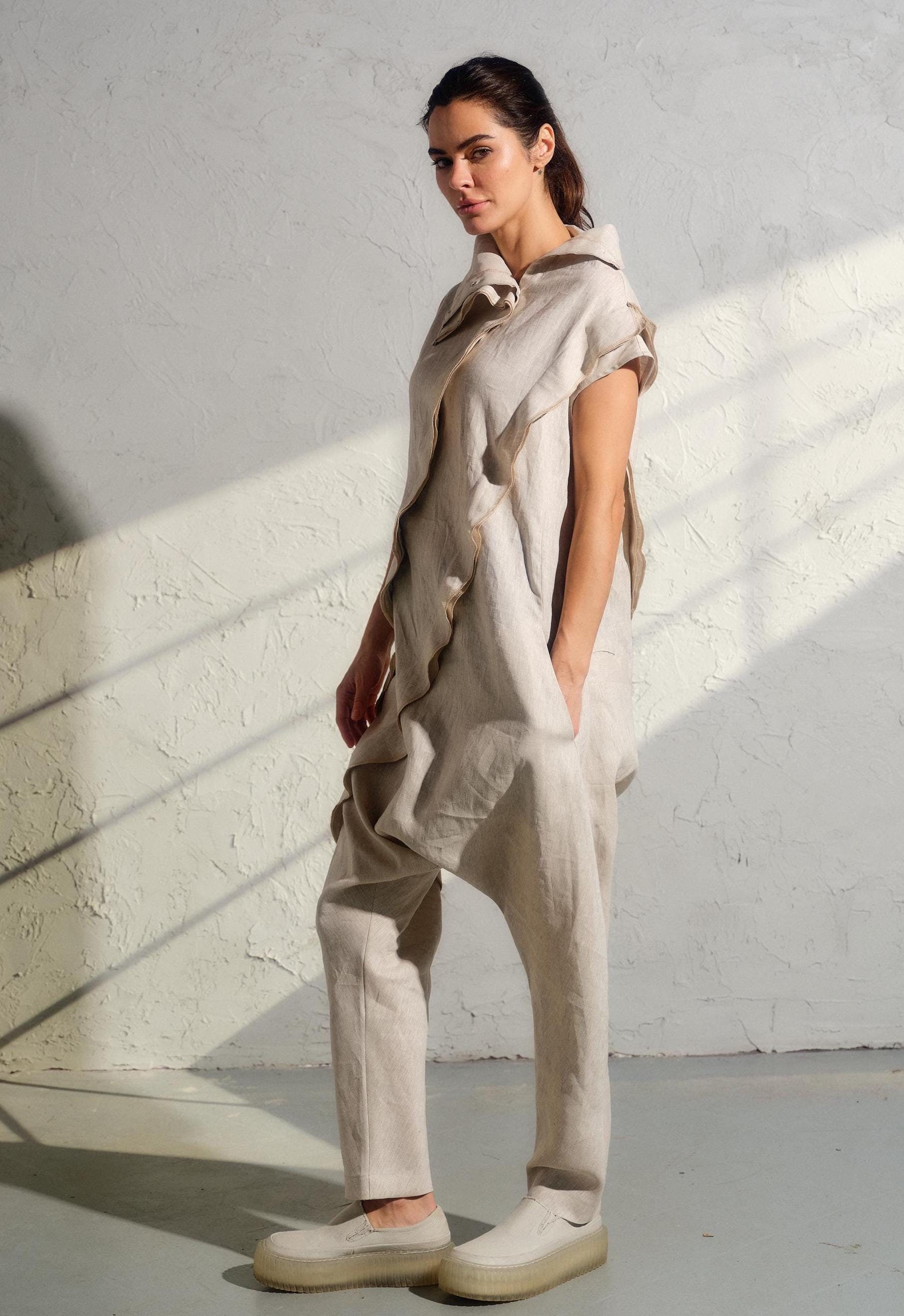 Hellbeige Leinen Jumpsuit Damen, Avantgarde Kleidung, Overalls, Baggy Bodys, Plus Größen von FollowMeFS