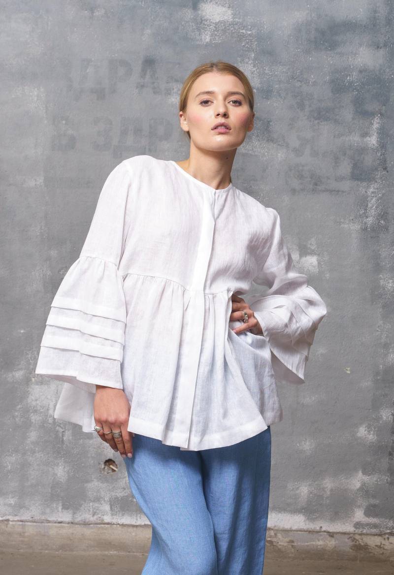 Oversized Weiße Leinen Bluse Langarm Damen Tunika Top von FollowMeFS