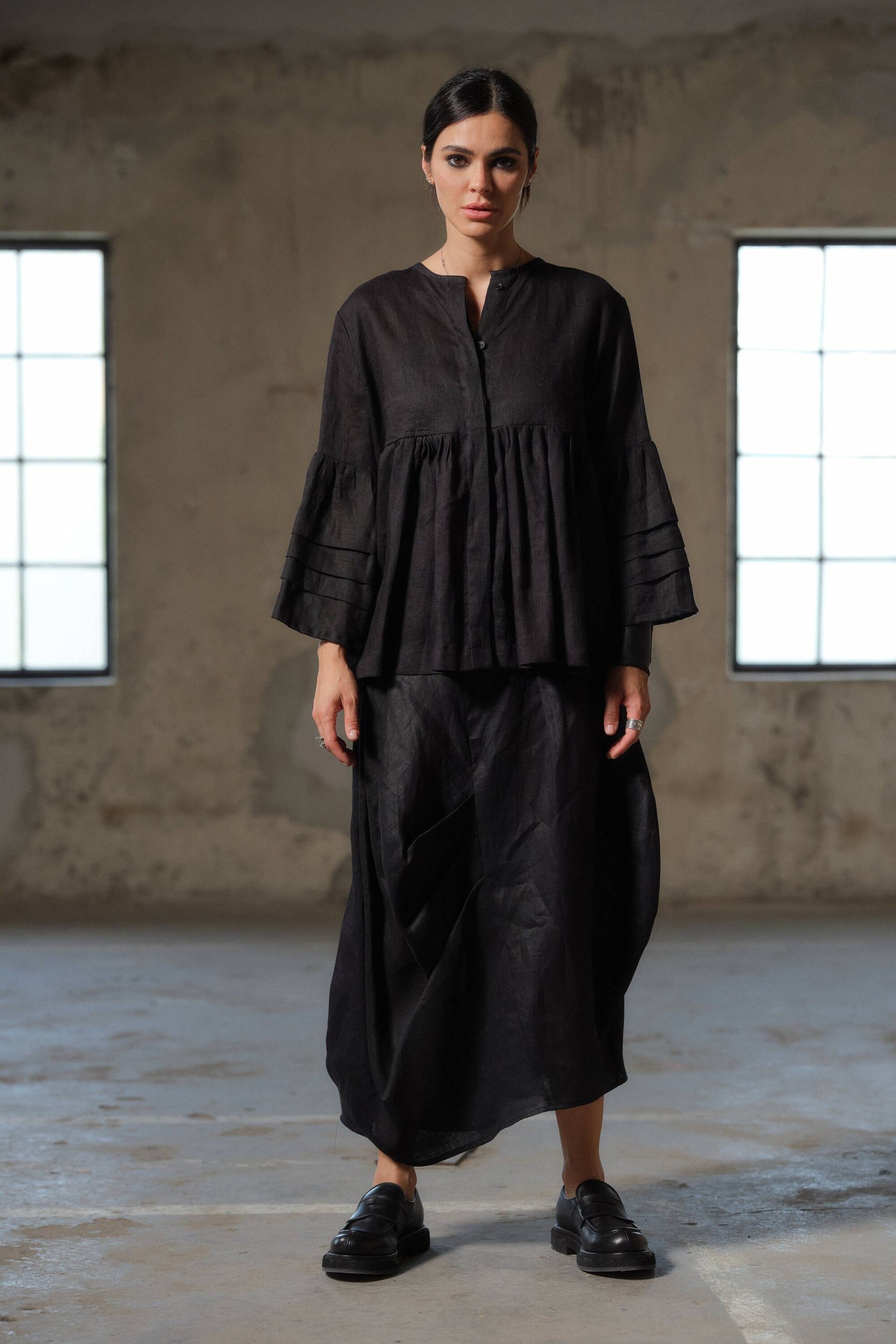 Schwarze Leinen Rüschen Bluse, Langarm Top, Kleidung in Über Größe von FollowMeFS