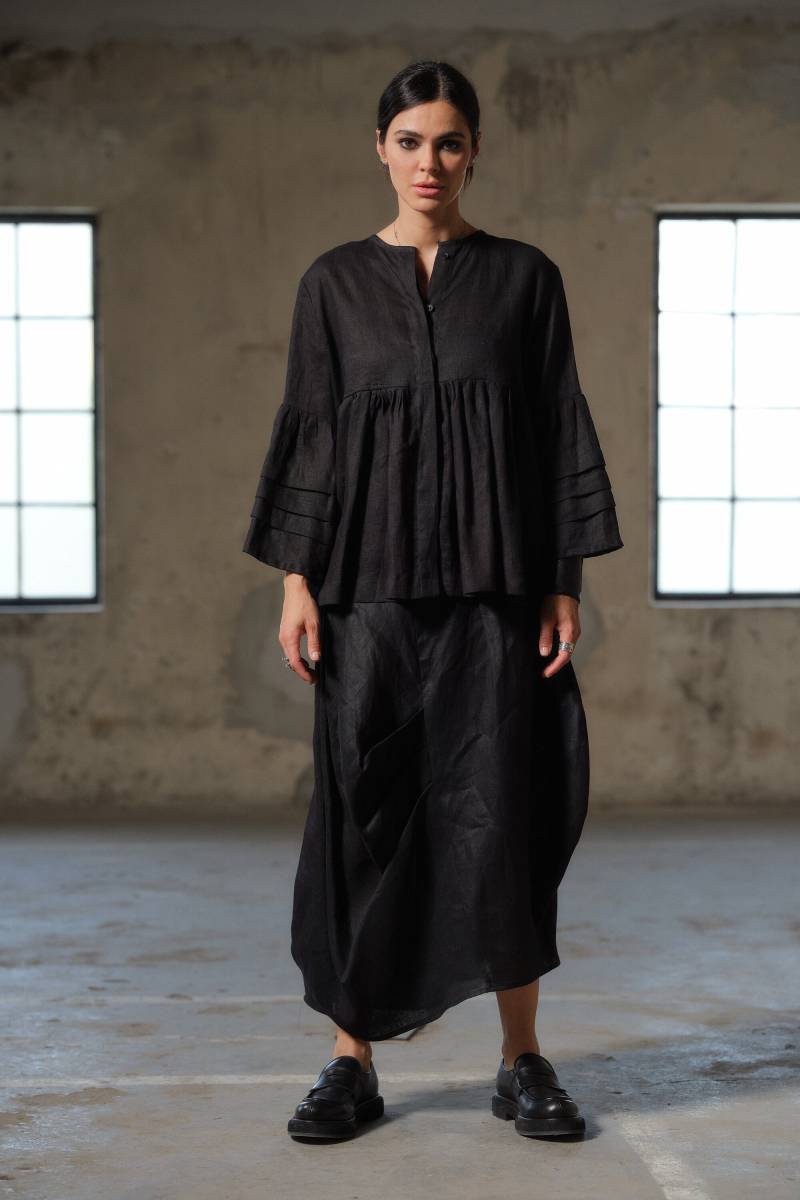 Schwarze Leinen Rüschen Bluse, Langarm Top, Kleidung in Über Größe von FollowMeFS