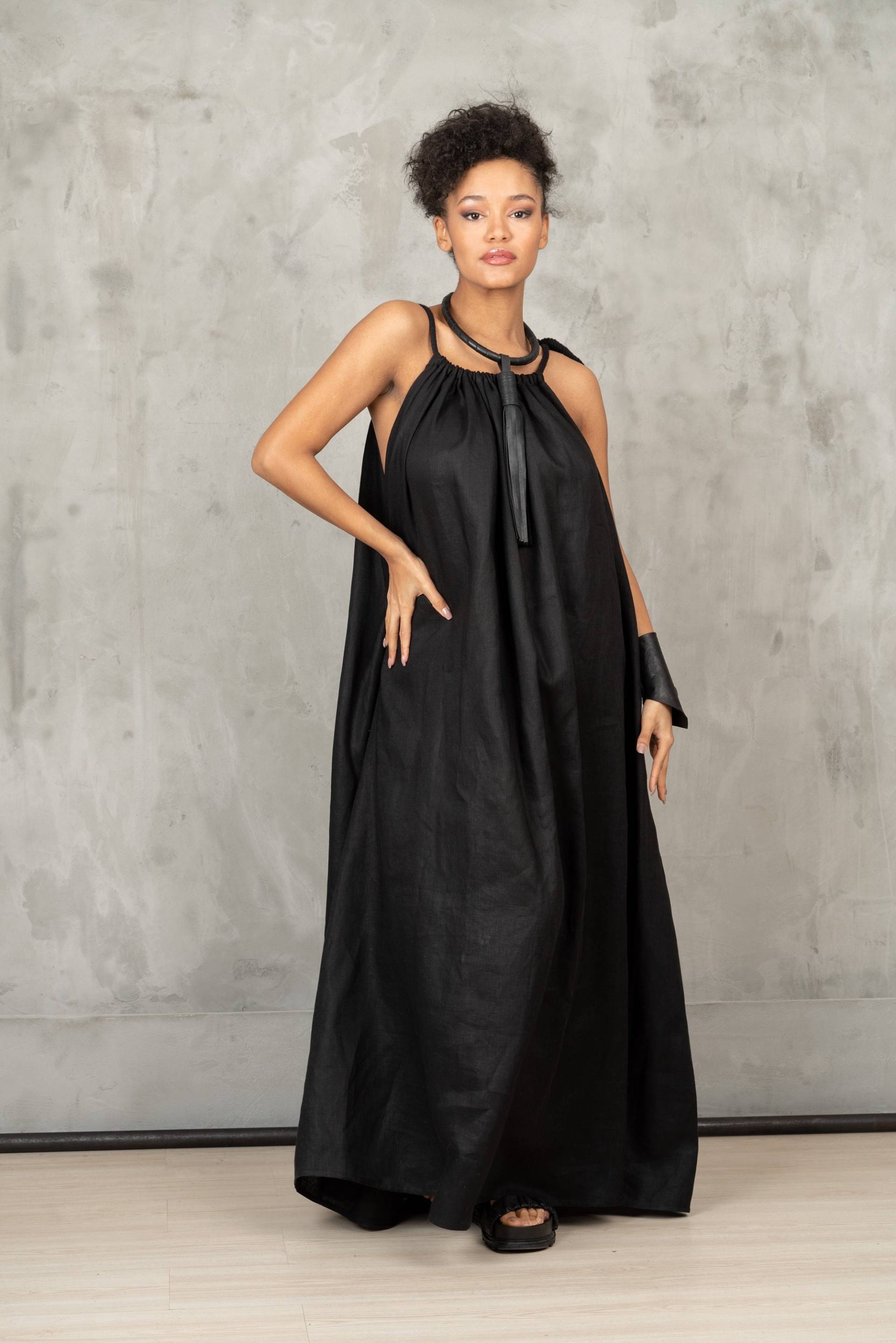 Schwarzes Leinen Maxi Kleid Übergroßes Kaftan Sommerkleid von FollowMeFS