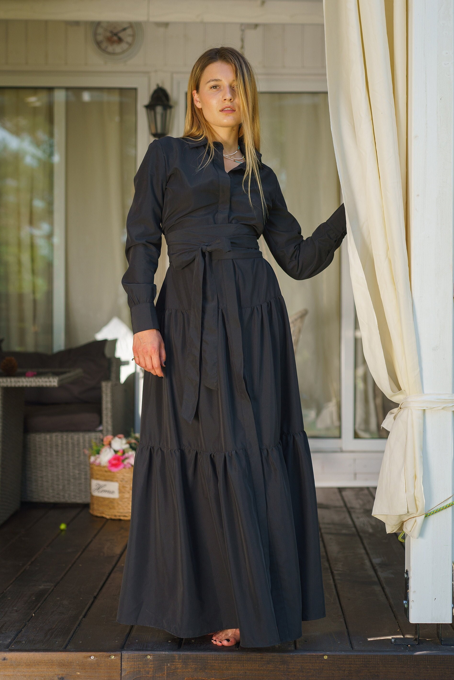 Schwarzes Modal Maxi Kleid Langarm Boho Hochzeit Gastkleid von FollowMeFS