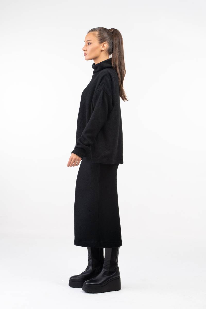 Winter Wollstrick Set - Maxi Bleistift Rock & Übergroßer Rollkragenpullover, Langer Schwarzer Wollrock Und Wollpullover Herbstkleidung, Plus Größen von FollowMeFS