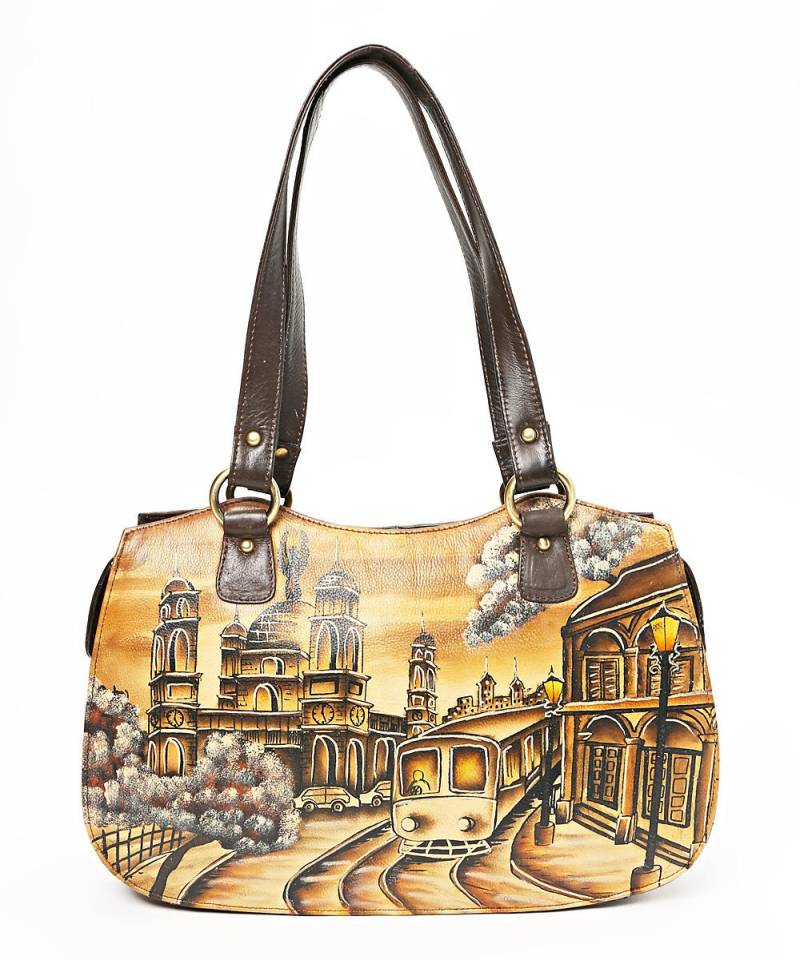 Handbemalte Ledertasche, Einzelstück, Braune Leder Geldbörse, Rindsleder, Handbemalt, Schultertasche, Zug, Landschaft, Blick Auf Die Stadt von FollowYourArtLeather