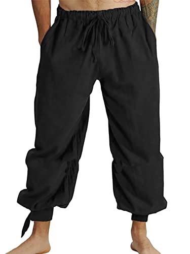 Fommykin Herren Piraten-Leinenhose Mittelalter Wikinger Navigator Kostüm Hose Renaissance Schnürung Cosplay Hose, Schwarz, XL von Fommykin