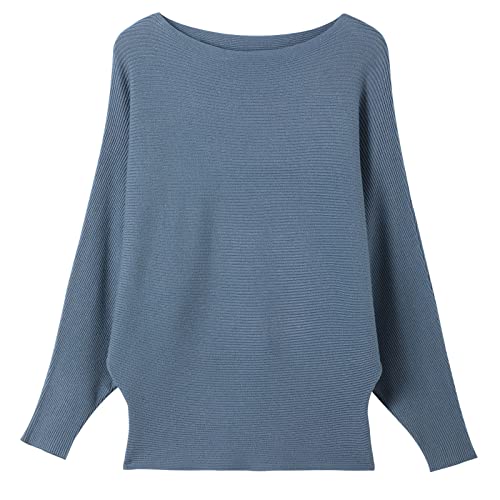 Damen Fledermaus-Pullover Solid U-Boot-Ausschnitt Tunika Casual Langarm Strickpullover Sweater Tops für Frauen Gr. L, denim-blau von Fomolom