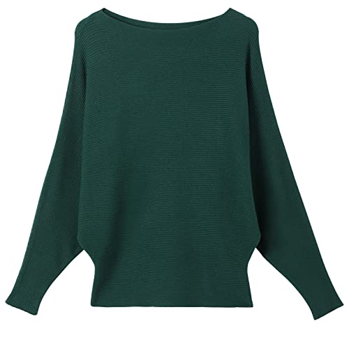 Damen Batwing Sweater Solid Bootausschnitt Tunika Casual Langarm Strick Pullover Pullover Tops für Frauen, grün, M-L von Fomolom