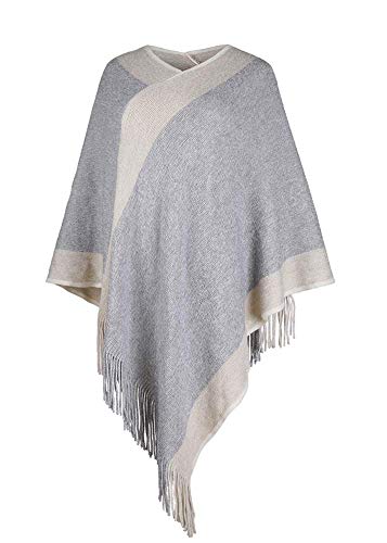 Damen Poncho Pullover V-Ausschnitt Gestreift Strickschal Umhang Pullover mit Fransen Geschenke für Frauen Mutter, beige, XS/L von Fomolom