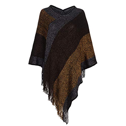 Fomolom Damen eleganter strickschal poncho mit fransen mit v-ausschnitt gestreiften pullover pullover cape geschenke einheitsgröße 1-gold von Fomolom