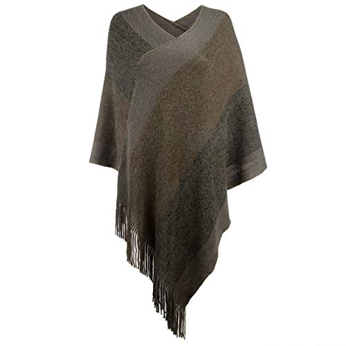 Fomolom Damen eleganter strickschal poncho mit fransen mit v-ausschnitt gestreiften pullover pullover cape geschenke einheitsgröße 1-khaki von Fomolom