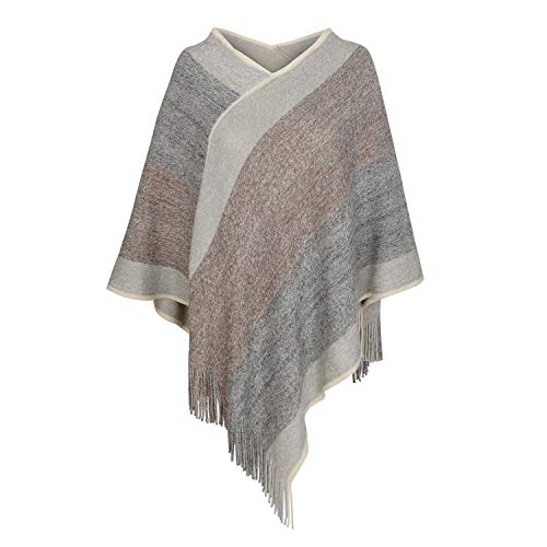 Fomolom Damen eleganter strickschal poncho mit fransen mit v-ausschnitt gestreiften pullover pullover cape geschenke einheitsgröße 1-olive von Fomolom