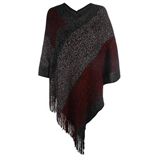 Fomolom Damen eleganter strickschal poncho mit fransen mit v-ausschnitt gestreiften pullover pullover cape geschenke einheitsgröße 1-rot von Fomolom
