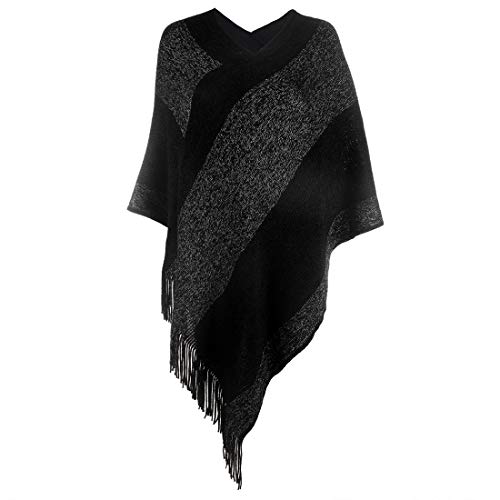 Fomolom Damen eleganter strickschal poncho mit fransen mit v-ausschnitt gestreiften pullover pullover cape geschenke einheitsgröße 1-schwarz von Fomolom