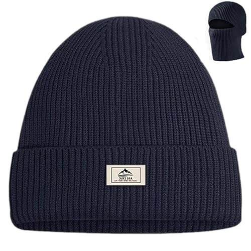 FonVan Mützen für Herren Damen Winter, Warmes Strick Skimützen, Strickmützen, Uinsex Knit Hut, Balaclava, Thermische Sturmhaube Gesichtshaube 2 in 1 Mützen, geeignet zum Skifahren, Laufen (Marine) von FonVan
