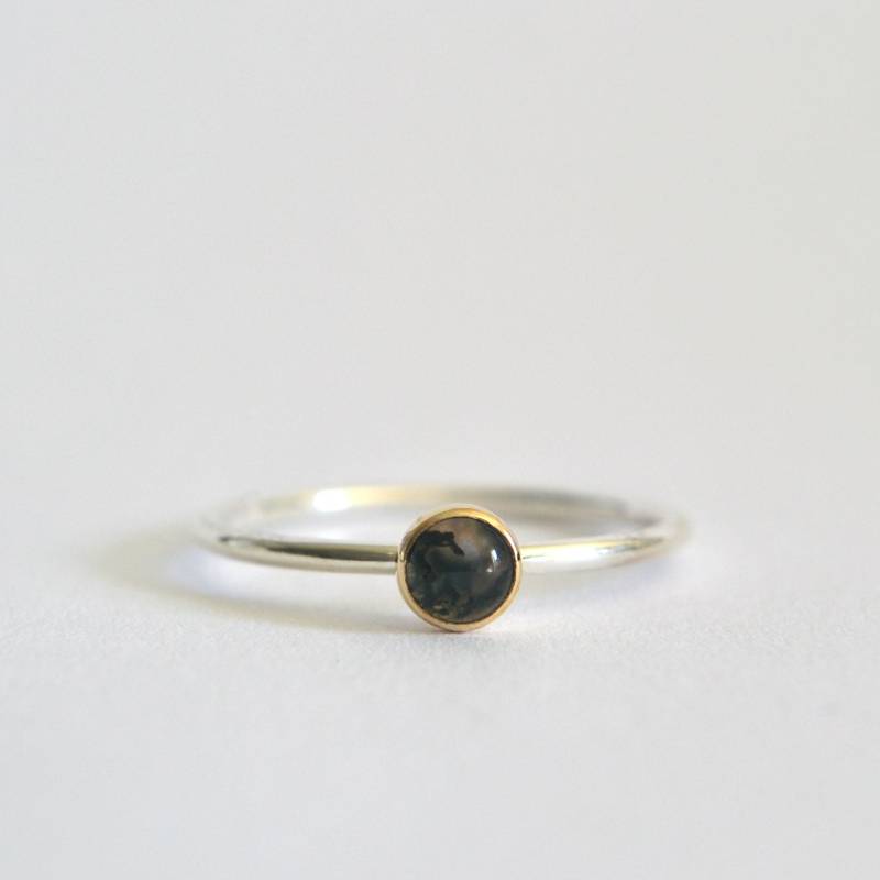 14K Massivgold Und Sterling Silber Moosachat Ring, Natürlicher Rosenschliff Edelstein, Geschenke Für Sie, Boho Hippie Gemischte Metalle von Fondeur