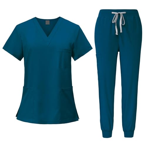 Fonowx Medizinische Arbeitskleidung Damen Herren, Krankenschwester Arbeitskleidung Set Waschbar, Medizinische Uniform mit Oberteil und Hose für Beauty Salon Klinik Krankenhaus, Blau, S von Fonowx