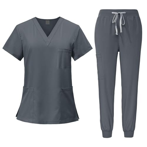 Fonowx Medizinische Arbeitskleidung Damen Herren, Krankenschwester Arbeitskleidung Set Waschbar, Medizinische Uniform mit Oberteil und Hose für Beauty Salon Klinik Krankenhaus, GRAU, XL von Fonowx