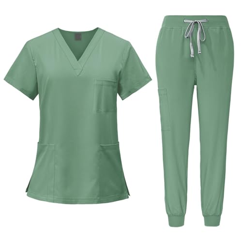 Fonowx Medizinische Arbeitskleidung Damen Herren, Krankenschwester Arbeitskleidung Set Waschbar, Medizinische Uniform mit Oberteil und Hose für Beauty Salon Klinik Krankenhaus, GRÜN, S von Fonowx