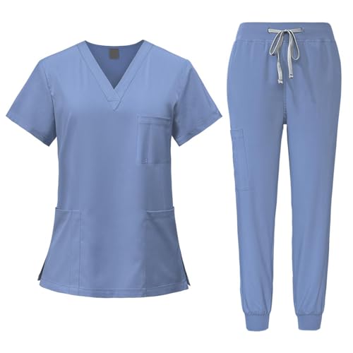 Fonowx Medizinische Arbeitskleidung Damen Herren, Krankenschwester Arbeitskleidung Set Waschbar, Medizinische Uniform mit Oberteil und Hose für Beauty Salon Klinik Krankenhaus, Hellblau, XL von Fonowx