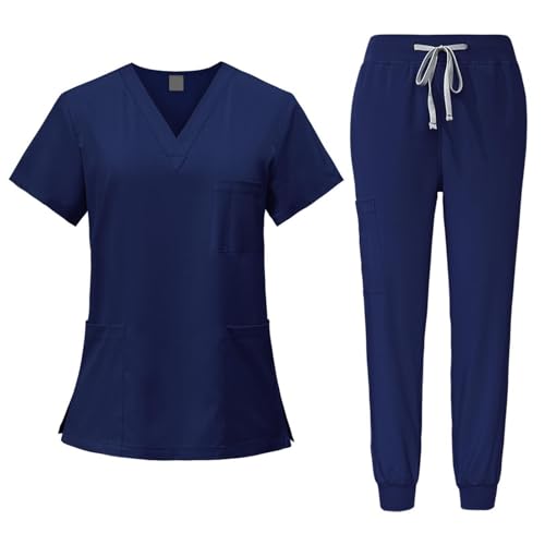 Fonowx Medizinische Arbeitskleidung Damen Herren, Krankenschwester Arbeitskleidung Set Waschbar, Medizinische Uniform mit Oberteil und Hose für Beauty Salon Klinik Krankenhaus, Navy blau, m von Fonowx