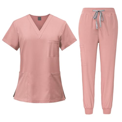 Fonowx Medizinische Arbeitskleidung Damen Herren, Krankenschwester Arbeitskleidung Set Waschbar, Medizinische Uniform mit Oberteil und Hose für Beauty Salon Klinik Krankenhaus, ROSA, S von Fonowx