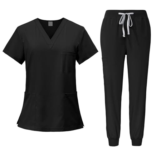 Fonowx Medizinische Arbeitskleidung Damen Herren, Krankenschwester Arbeitskleidung Set Waschbar, Medizinische Uniform mit Oberteil und Hose für Beauty Salon Klinik Krankenhaus, Schwarz, XL von Fonowx