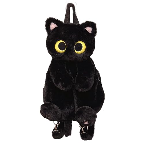 Fonowx Plüschtier Katze Rucksack, Damen Katzen Plüsch Rucksack, Niedliche Schultasche, Cute Plush Animal Cat Backpack, Plush Daypacks, Kitten Cartoon Backpack für Snack Handy Kosmetik, Schwarz von Fonowx