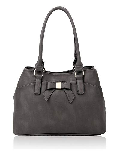 Damen Elegant Weich PU Leder Top-Griff Multi-Compartment Mode Handtasche Schulter Tote Shopper Hobo Bag mit Schleife Detail, Grau - dunkelgrau - Größe: Medium von Fontanella Fashion