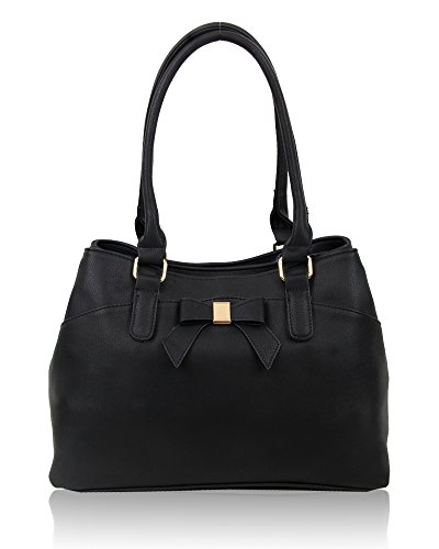 Damen Elegant Weich PU Leder Top-Griff Multi-Compartment Mode Handtasche Schulter Tote Shopper Hobo Bag mit Schleife Detail, Schwarz - Schwarz - Größe: Medium von Fontanella Fashion