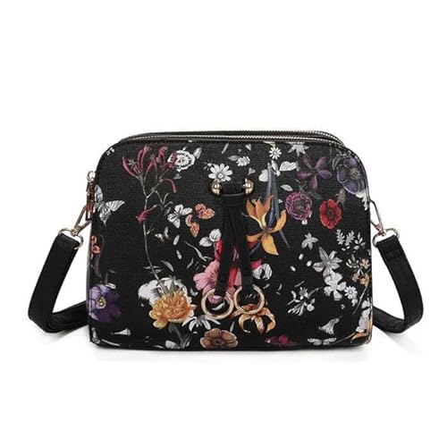 Fontanella Fashion Damen-Umhängetasche mit 3 Fächern, Blumenmuster, kleine Handtasche, Umhängetasche, Schwarz , Small von Fontanella Fashion