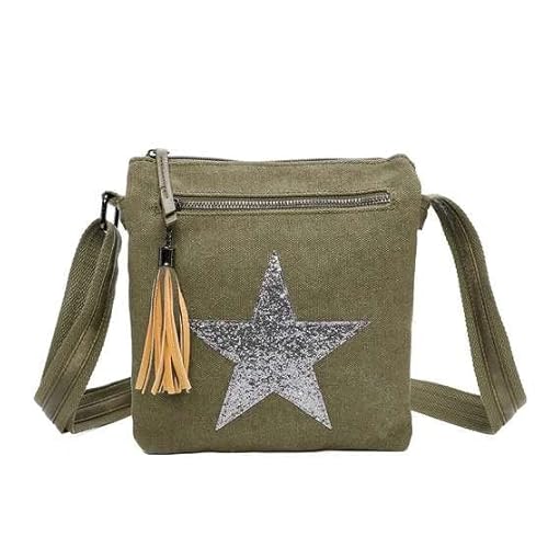 Fontanella Fashion Damen Umhängetasche mit zwei Fächern, glänzend, glitzernd, Stern, Leinen, kleine Schultertasche, Umhängetasche, olivgrün, Small von Fontanella Fashion