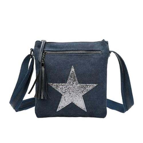 Fontanella Fashion Damen Umhängetasche mit zwei Fächern, glänzend, glitzernd, Stern, Segeltuch, kleine Schultertasche, Kuriertasche, oxfordblau, Small von Fontanella Fashion