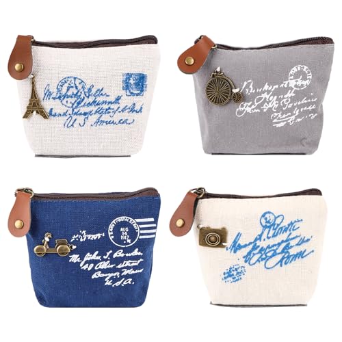 Fonyet 4 Stück Mini Geldbeutel Kleine Geldbörse Damen Mini Canvas Geldbörse mit Reißverschluss, Vintage Münzbeutel Schlüsseltasche Kleine Kosmetiktasche für Schlüsselanhänger, Münzen, Geldkarten von Fonyet