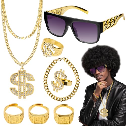 8 Stück Zuhälter Kostüm goldkette fasching Kostüm Accessories 80er 90er Jahre Outfit hip hop kostüm Herren mit goldener Sonnenbrille, Halskette, Armband und 5 goldener Ringen für Karneval Mottoparty von Fonyet