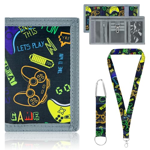 Brustbeutel Kinder Gamepad Muster Geldbeutel Geldbörse Kinder Jungen mit 2 Schlüsselband, Dreifach Faltbar Portmonee Kinder Portemonnaie für Teenager Jungs (Schwarz) von Fonyet
